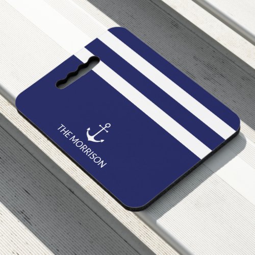 Nautical Stripes Boat Name navy blue white anchor Seat Cushion