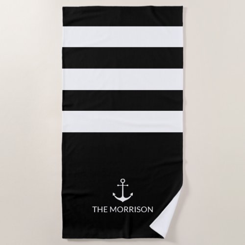 Nautical Stripes Boat Name white anchor black Beach Towel