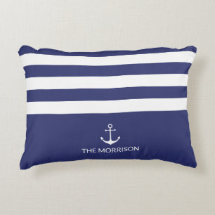 Nautical Stripes Boat Name white anchor navy blue Accent Pillow