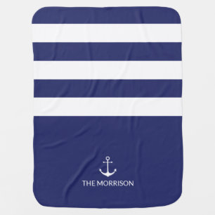 Nautical Stripes Boat Name white anchor navy blue Baby Blanket