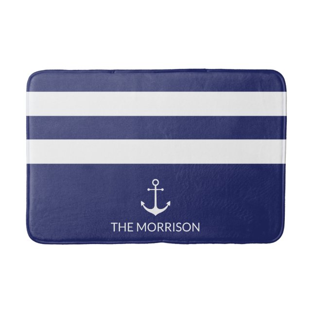 Nautical Stripes Boat Name white anchor navy blue Bath Mat (Front)