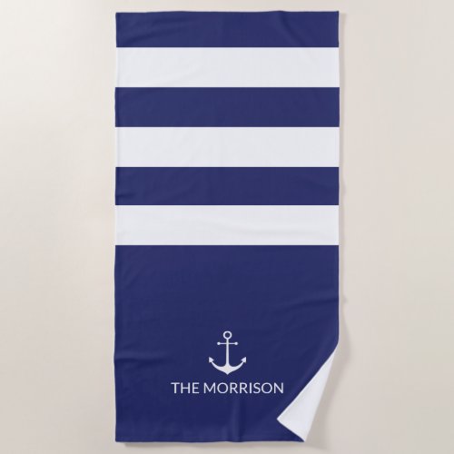 Nautical Stripes Boat Name white anchor navy blue Beach Towel