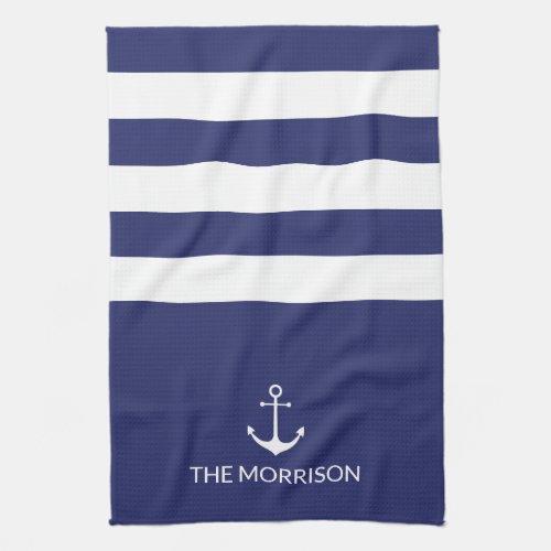 Nautical Stripes Boat Name white anchor navy blue Kitchen Towel