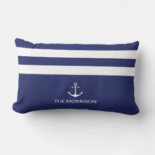 Nautical Stripes Boat Name white anchor navy blue Lumbar Pillow