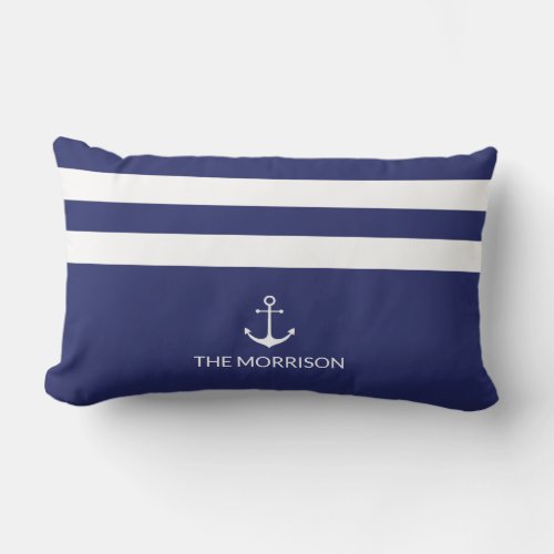 Nautical Stripes Boat Name white anchor navy blue Lumbar Pillow