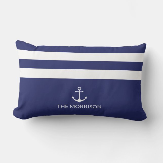 Nautical Stripes Boat Name white anchor navy blue Lumbar Pillow (Front)