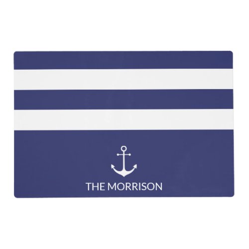 Nautical Stripes Boat Name white anchor navy blue Placemat