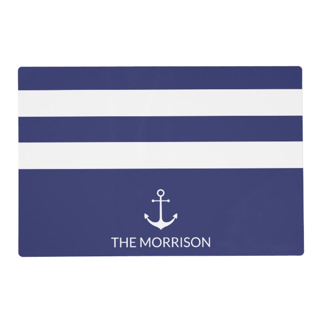 Nautical Stripes Boat Name white anchor navy blue Placemat (Front)
