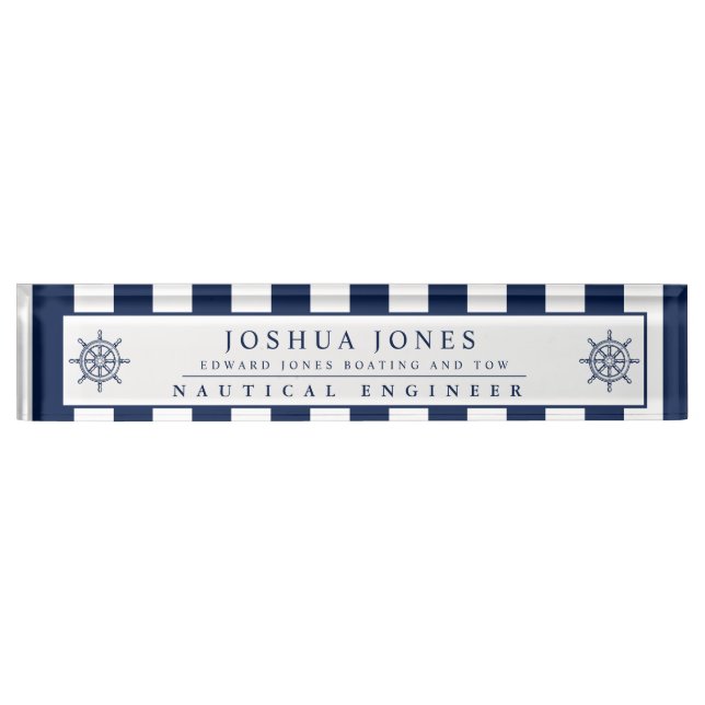 Nautical Stripes Captain Ship Wheel Custom Desk Name Plate (Front)