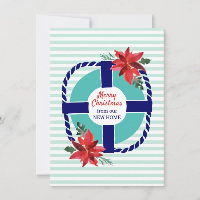 Nautical Stripes Christmas Poinsettias Moving Announcement (Front)
