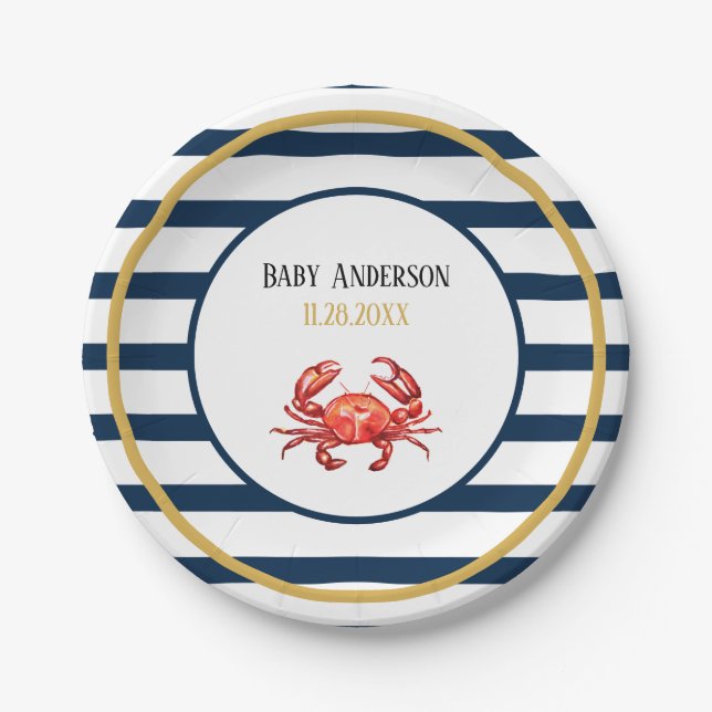 Nautical Stripes Crab Baby Shower Paper Plates (Front)