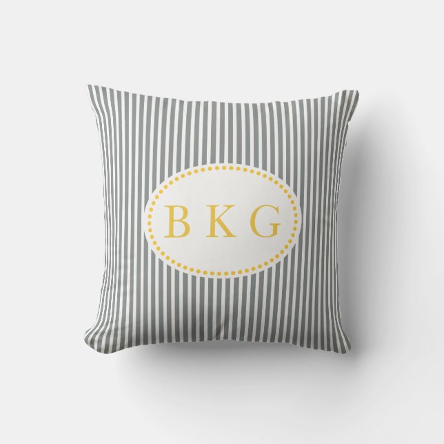 Nautical Stripes Custom Monogram | Grey Yellow Throw Pillow (Front)
