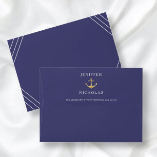 Nautical Stripes Gold Anchor Navy Blue Wedding Envelope