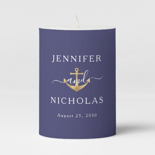 Nautical Stripes Gold Anchor Navy Blue Wedding Pillar Candle