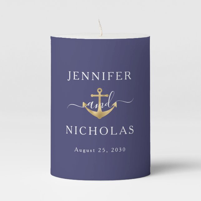 Nautical Stripes Gold Anchor Navy Blue Wedding Pillar Candle (Front)