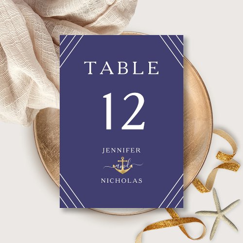 Nautical Stripes Gold Anchor Navy Blue Wedding Table Number