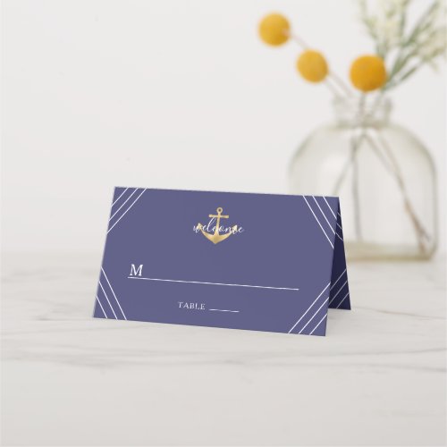 Nautical Stripes Gold Anchor Wedding Blue Place Card
