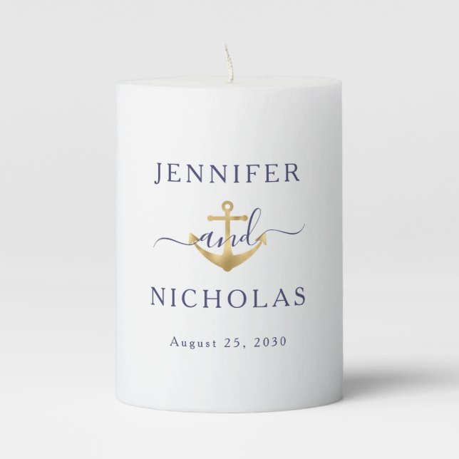 Nautical Stripes Gold Anchor Wedding Date Pillar Candle (Front)