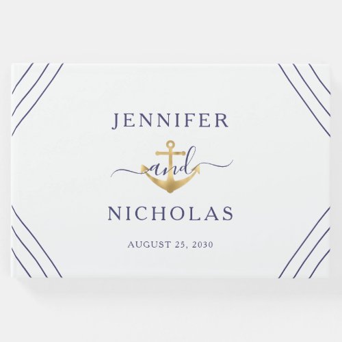 Nautical Stripes Gold Anchor Wedding Guest Book