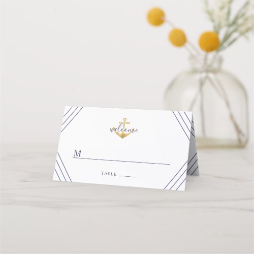 Nautical Stripes Gold Anchor Wedding Place Card