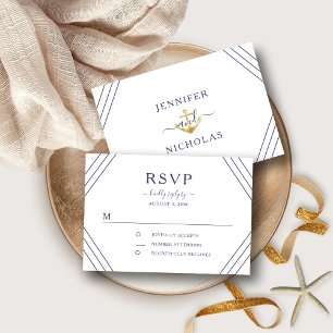 Nautical Stripes Gold Anchor Wedding RSVP Card