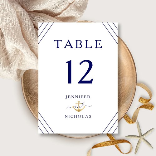 Nautical Stripes Gold Anchor Wedding  Table Number