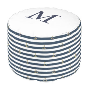 Nautical Stripes Gold Anchors Monogram Round Pouf
