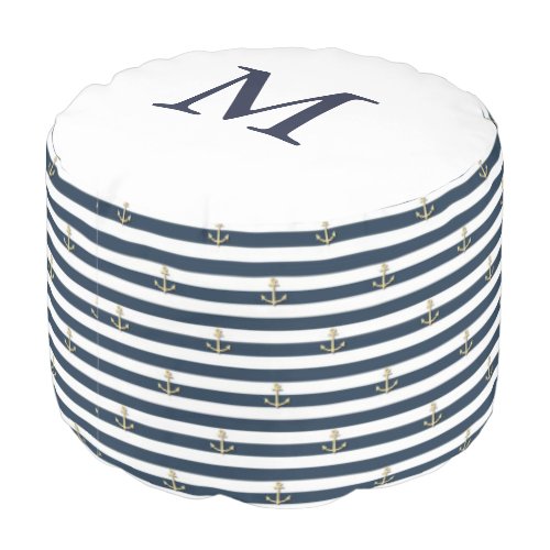 Nautical Stripes Gold Anchors Monogram Round Pouf