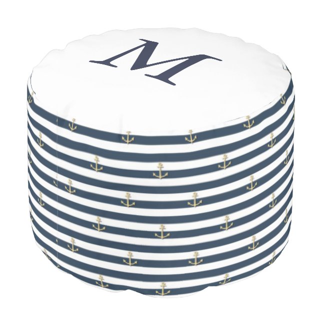 Nautical Stripes Gold Anchors Monogram Round Pouf (Angled Back)
