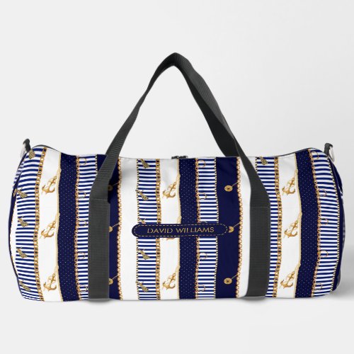 Nautical Stripes Gold Chains Anchor Luxury Travel Duffle Bag