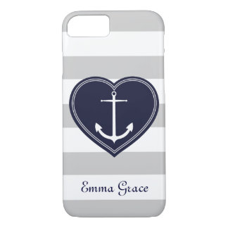 Nautical Stripes Heart and Anchor Monogram Navy iPhone 8/7 Case
