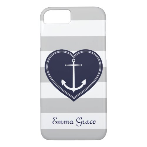 Nautical Stripes Heart and Anchor Monogram Navy iPhone 87 Case