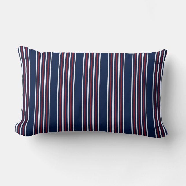 Nautical Stripes in Red, White & Blue – Coastal Lumbar Pillow (Front)
