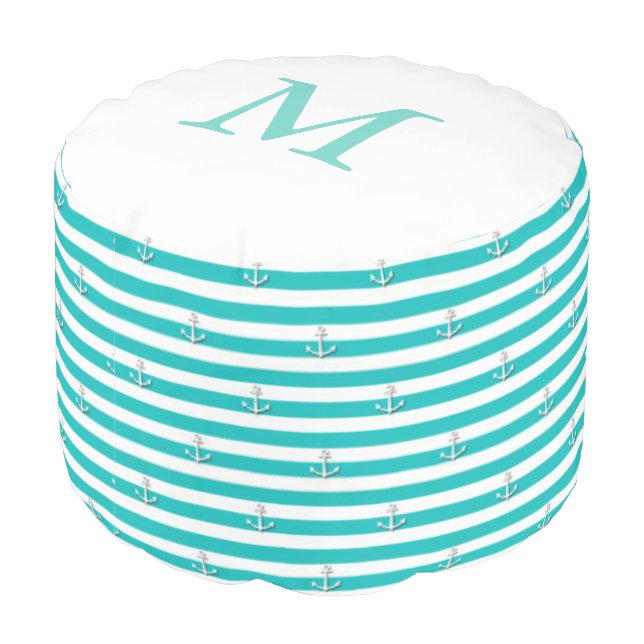 Nautical Stripes | Monogram Round Pouf (Angled Back)
