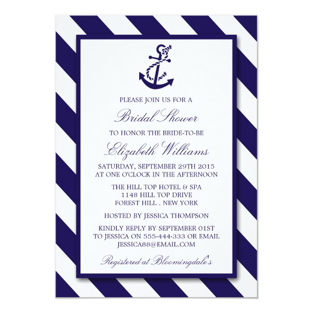 Nautical Stripes & Navy Blue Anchor Bridal Shower Invitation