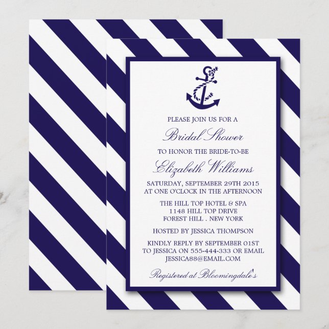 Nautical Stripes & Navy Blue Anchor Bridal Shower Invitation (Front/Back)