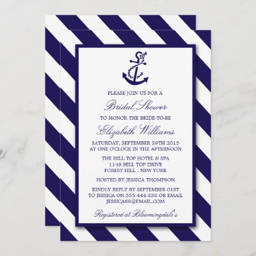 Nautical Stripes  Navy Blue Anchor Bridal Shower Invitation