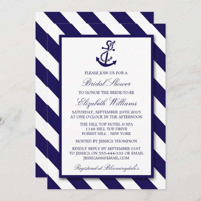 Nautical Stripes & Navy Blue Anchor Bridal Shower Invitation (Front/Back)