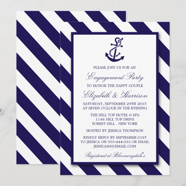 Nautical Stripes & Navy Blue Anchor Engagement Invitation (Front/Back)