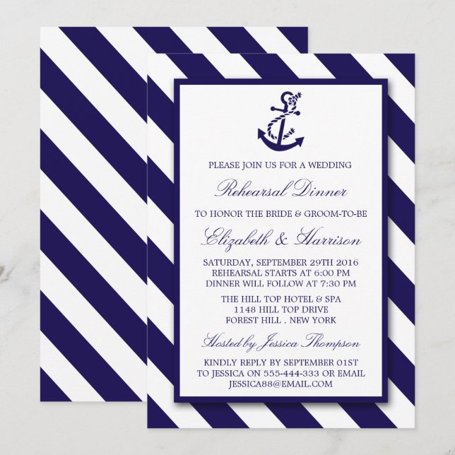 Nautical Stripes Navy Blue Anchor Rehearsal Dinner Invitation (Front/Back)