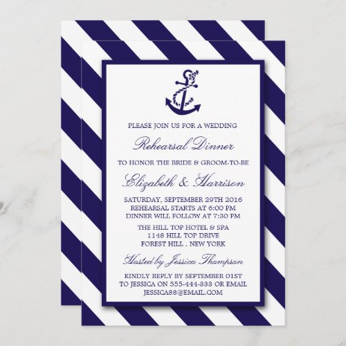 Nautical Stripes Navy Blue Anchor Rehearsal Dinner Invitation