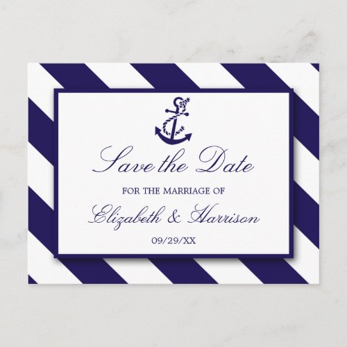 Nautical Stripes  Navy Blue Anchor Save The Date Announcement Postcard