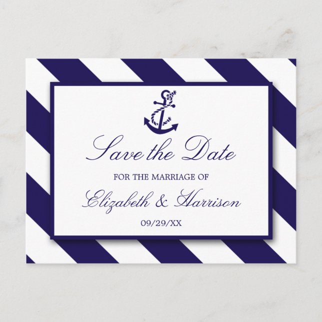Nautical Stripes & Navy Blue Anchor Save The Date Announcement Postcard (Front)