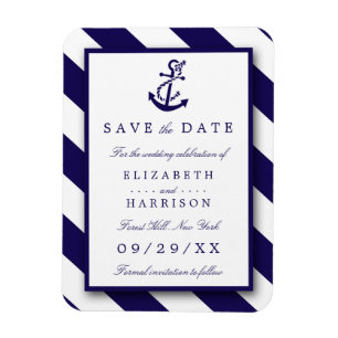 Nautical Stripes & Navy Blue Anchor Save The Date Magnet