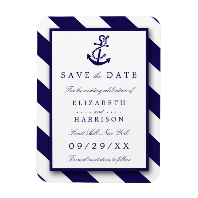 Nautical Stripes & Navy Blue Anchor Save The Date Magnet (Vertical)