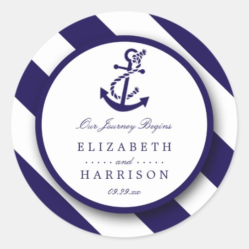 Nautical Stripes  Navy Blue Anchor Wedding Classic Round Sticker