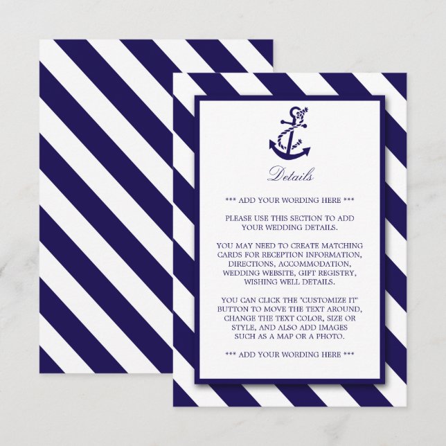 Nautical Stripes & Navy Blue Anchor Wedding Detail Enclosure Card (Front/Back)