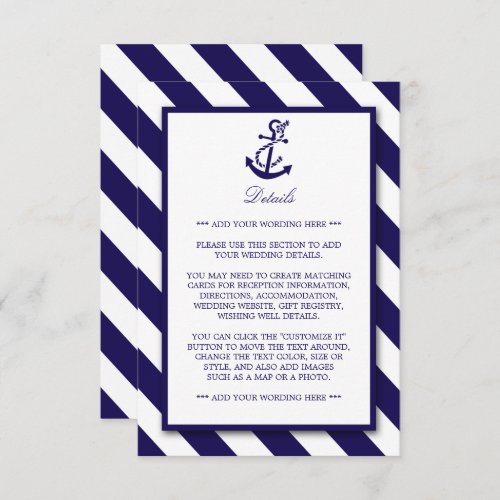 Nautical Stripes  Navy Blue Anchor Wedding Detail Enclosure Card