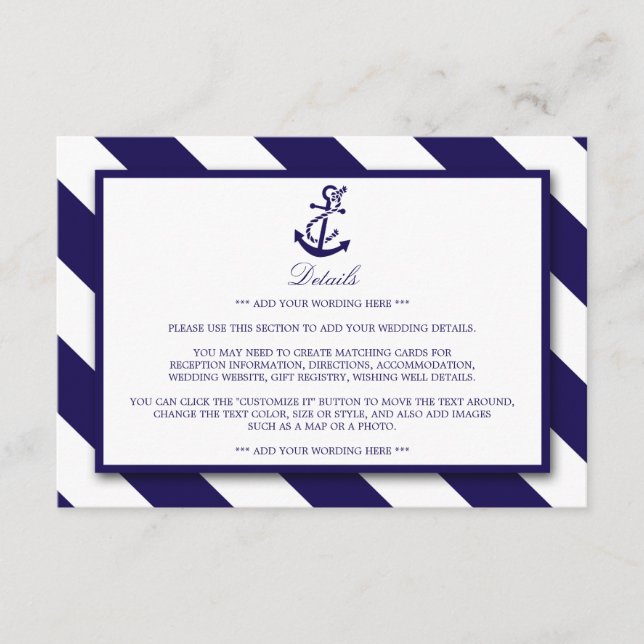 Nautical Stripes & Navy Blue Anchor Wedding Detail Enclosure Card (Front)