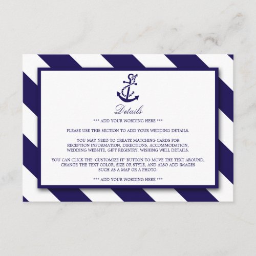 Nautical Stripes  Navy Blue Anchor Wedding Detail Enclosure Card